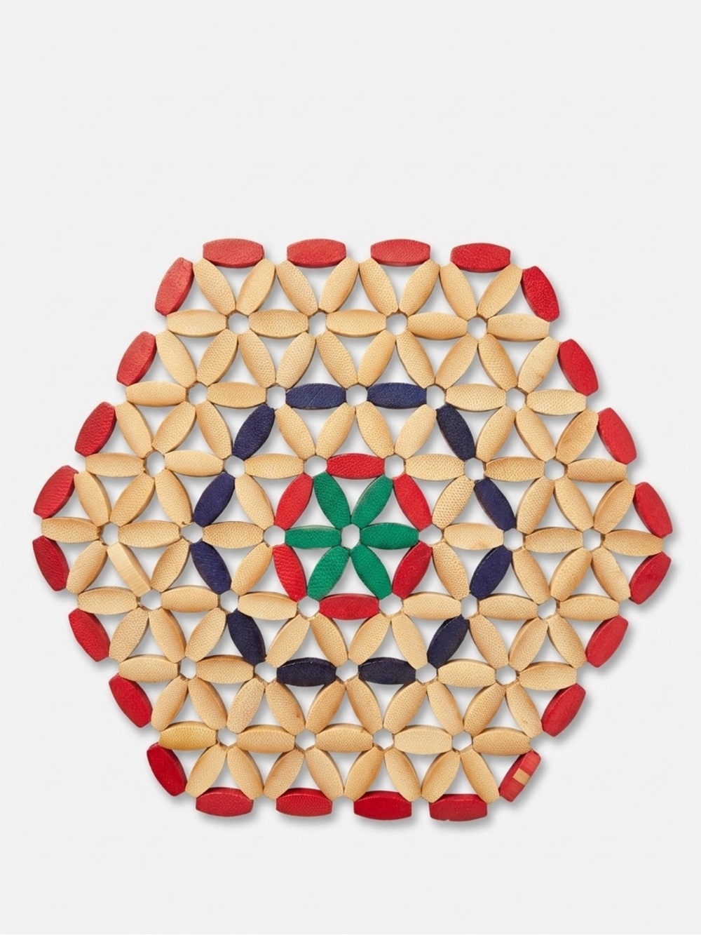 Handmade 1970’s Colorful Hexagonal Wood Woven Trivet- Hot Pad